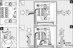 Schemat podłączenia czujnika ruchu z wyłącznikiem. Ilustracja pokazuje połączenia przewodów L, N i uziemienia do urządzenia.
