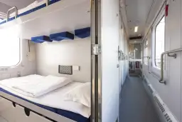 Wnętrze wagonu sypialnego z piętrowymi łóżkami. Zastanawiasz się, ile kosztuje wagon sypialny? To wygodne miejsce na podróż.