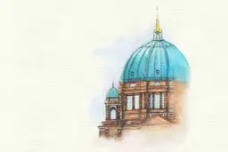 Zeichnung einer blauen Kuppel eines historischen Gebäudes auf weißem Hintergrund.