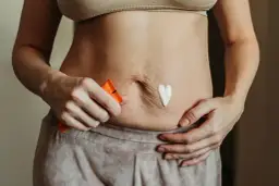 Krem w kształcie serca na brzuchu, pokazujący jak ujędrnić skórę. Kobieta trzyma tubkę z kosmetykiem.