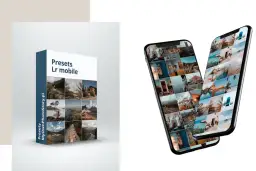 Pudełko z napisem "Presets Lr mobile" i dwa telefony z siatkami zdjęć. Dowiedz się, co to presety i jak ulepszyć swoje fotki!