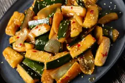 Smażona cukinia z cebulą i sezamem, posypana płatkami chili. Świetny pomysł, co ugotować z cukini, gdy masz jej dużo!