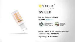 Żarówka LED G9 Sollux, 4.5W, zimna barwa 4000K. Zamiennik 40W żarówki halogenowej, idealna do kuchni, łazienki, biura.