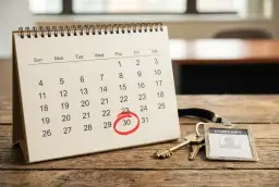 Kalendarz z zaznaczonym 30 dniem, klucze i identyfikator firmowy na drewnianym stole.