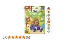 Okładka książki "Polskie Piosenki dla dzieci" z misiami w samochodzie i ślimakiem. Znajdziesz tu teksty ulubionych piosenek.