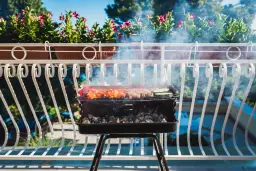 Grill z mięsem i warzywami na balkonie, w tle kwiaty i błękitne niebo.