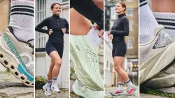 Kobieta w stroju sportowym biegnie, prezentując różne modele butów. Nawet brudne buty sennik mogą oznaczać drogę do celu.