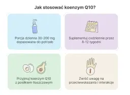 Jak stosować koenzym Q10? Porcja 30-200 mg dziennie, suplementacja 8-12 tyg. z tłuszczem. Uważaj na przeciwwskazania.