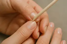 Dłoń z naturalnymi paznokciami i drewnianym patyczkiem do skórek.