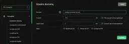 Formularz "Utwórz domenę" pozwala na dodanie nowej domeny, ustawienie transferu, użycia dysku i opcji.
