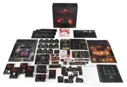 Wszystkie elementy gry planszowej Darkest Dungeon: The Board Game, w tym plansze, karty postaci, żetony i pudełko.