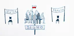 Rysunek przedstawia grupę ludzi siedzących między banerami "Lewica" i "Prawica", z tabliczką "Bagno" pośrodku.