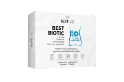 Opakowanie probiotyku Best Biotic z grafiką jelit i ikonami.