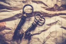 Dwa stare, zardzewiałe klucze leżą na pożółkłym papierze z odręcznym pismem. Cytat: "Kto się nie..." sugeruje tajemnicę.