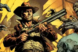 Rick Grimes z strzelbą otoczony przez zombie.