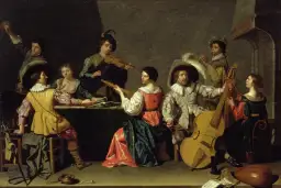 Grupa muzyków gra na instrumentach. Widać, jak wygląda wiolonczela, skrzypce, lutnia i flet.