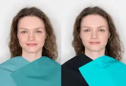 Zgaszone lato makijaż: porównanie odcieni. Kobieta z delikatnym makijażem, prezentująca dwa kolory tkanin pod szyją.