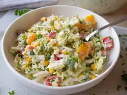 Sałatka z kapusty pekińskiej z warzywami i sosem w białej misce.