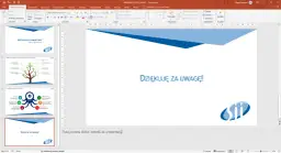 Ostatni slajd prezentacji Power Point z napisem "Dziękuję za uwagę!" i logo. To przykład, jak zrobić prezentację multimedialną.