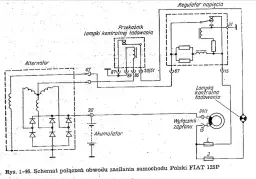 Schemat elektryczny alternatora, przekaźnika, regulatora napięcia i lampki kontrolnej ładowania.