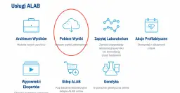 Ikona chmury z ikoną pobierania, otoczona czerwoną obwódką, z tekstem "Pobierz Wyniki".