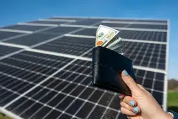 Portfel z pieniędzmi na tle paneli słonecznych.