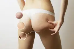 Zbliżenie na pośladki z zaznaczonymi niedoskonałościami skóry. Czy to możliwe, jak pozbyć się cellulitu w tydzień?