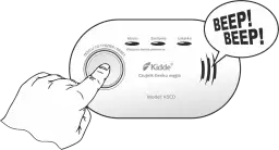 Ręka naciska przycisk "TESTUJ CO TYDZIEŃ / RESET" na czujniku czadu Kidde. Pamiętaj, by co ile wymieniac baterie w czujniku czadu, aby działał poprawnie.