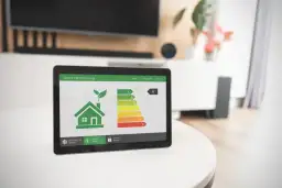 Tablet z aplikacją Smart Home Energy pokazuje skalę efektywności energetycznej, gdzie najniższa klasa energetyczna to F.