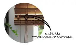 Szczegół bambusowych żaluzji, pokazujący sznurki do otwierania/zamykania. Strzałka wskazuje mechanizm.