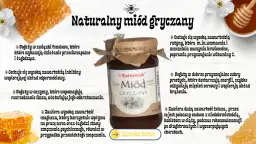 Słoik miodu gryczanego na tle plastrów miodu i kwiatów.