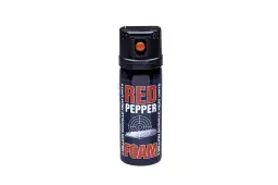 Puszka gazu pieprzowego "RED PEPPER FOAM" z celownikiem i napisem "3 MILLION SCOVILLE HEAT UNITS".