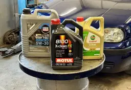 Trzy kanistry z olejem silnikowym: Liqui Moly, Motul i Castrol, na tle niebieskiego samochodu.