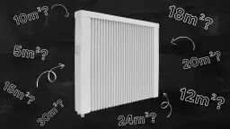 Jaki grzejnik do pokoju 15m2? Biały grzejnik elektryczny otoczony pytaniami o powierzchnię pomieszczeń, od 5m2 do 30m2.