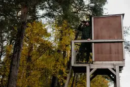 Myśliwy w ambonie obserwuje las przez lornetkę. Czy myśliwi mogą polować w nocy? To pytanie nurtuje wielu.