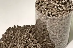 Zbliżenie na pellet drzewny w przezroczystym pojemniku i rozsypany obok. Rozważasz, jak importować pellet z Ukrainy?