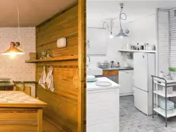 Przed i po: stara boazeria vs. nowoczesna kuchnia.