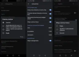 Ustawienia telefonu z włączonym ciemnym motywem Google. Wybór opcji: Zawsze, Automatycznie, Tylko w trybie oszczędzania baterii lub Nigdy.
