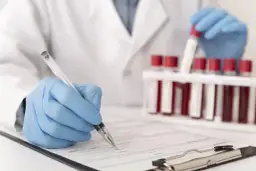 Laborant w rękawiczkach zapisuje dane pacjenta, obok stoją probówki z krwią do analizy CRP.