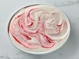 Kremowe lody jogurtowe z malinową spiralką, wyglądające jak dzieło sztuki.