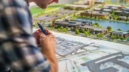 Architekt analizuje plany, by dowiedzieć się, jak sprawdzić plan zagospodarowania przestrzennego działki. Na stole makieta osiedla.