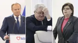 Trzy portrety polityków: Donald Tusk, Włodzimierz Czarzasty i Elżbieta Witek.