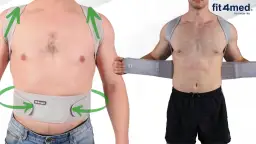 Mężczyźni w korektorach postawy, z zielonymi strzałkami wskazującymi działanie.