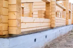 Budowa domu szkieletowego: betonowa płyta fundamentowa z otworami wentylacyjnymi, na której wznoszone są drewniane ściany.