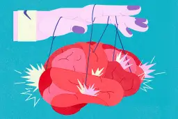 Dłoń-marionetka steruje mózgiem, symbolizując siłę sugestii i to, co to znaczy placebo.