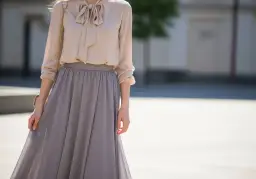 Kobieta w beżowej bluzce z kokardą i szarej, długiej spódnicy.