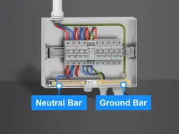 Schemat pokazuje, skąd się bierze przewód neutralny w rozdzielnicy elektrycznej. Widać listwy zaciskowe dla przewodów neutralnych i ochronnych.