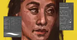 Panel Pędzle w Photoshopie pokazuje, jak dodać pędzle do programu, z widocznym szkicem twarzy i opcjami ustawień.