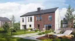 Nowoczesne osiedle z domami w zabudowie szeregowej, zielonym ogrodem i miejscem do wypoczynku.