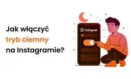 Chcesz wiedzieć, jak zmienić Instagram na czarny? Ilustracja pokazuje, jak włączyć tryb ciemny na Instagramie, z ikoną księżyca i gwiazd.